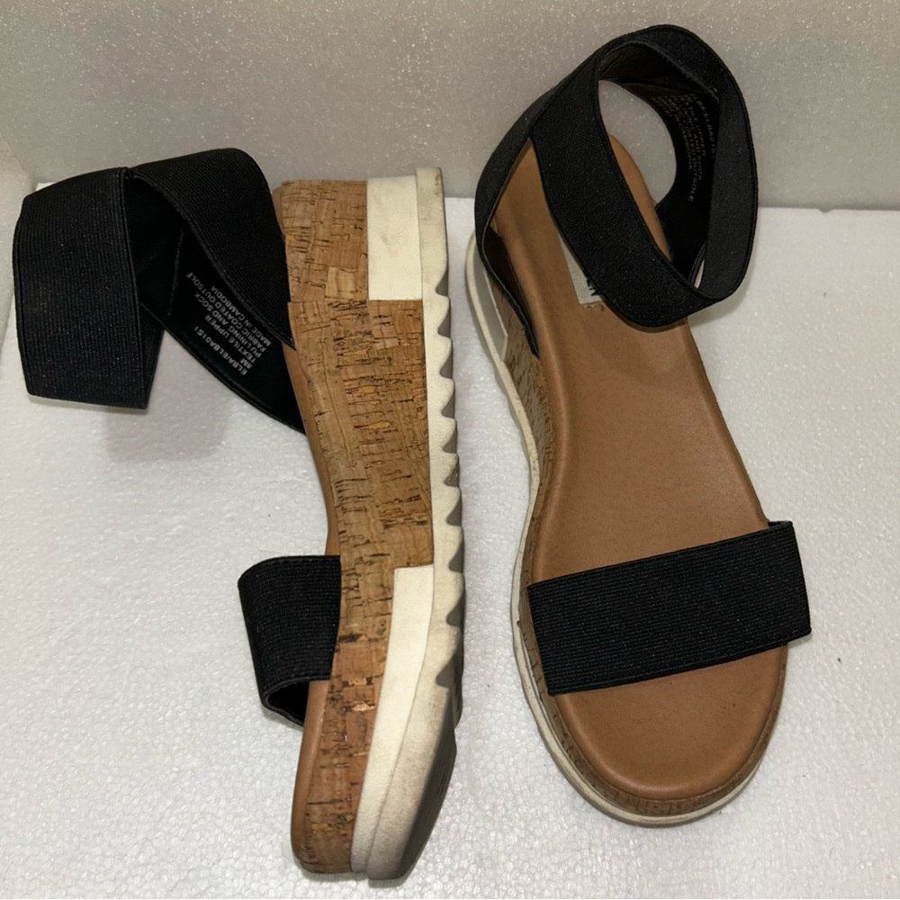 Steve Madden Elba Black & Tan Platform Sandal Elastic Ankle Strap Size 8